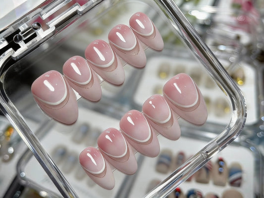 Dusty Pink Blush Press On Nails - White Abstract Line Art - Rose Ombre Gradient - Korean Soft Girl Aesthetic - PN251247