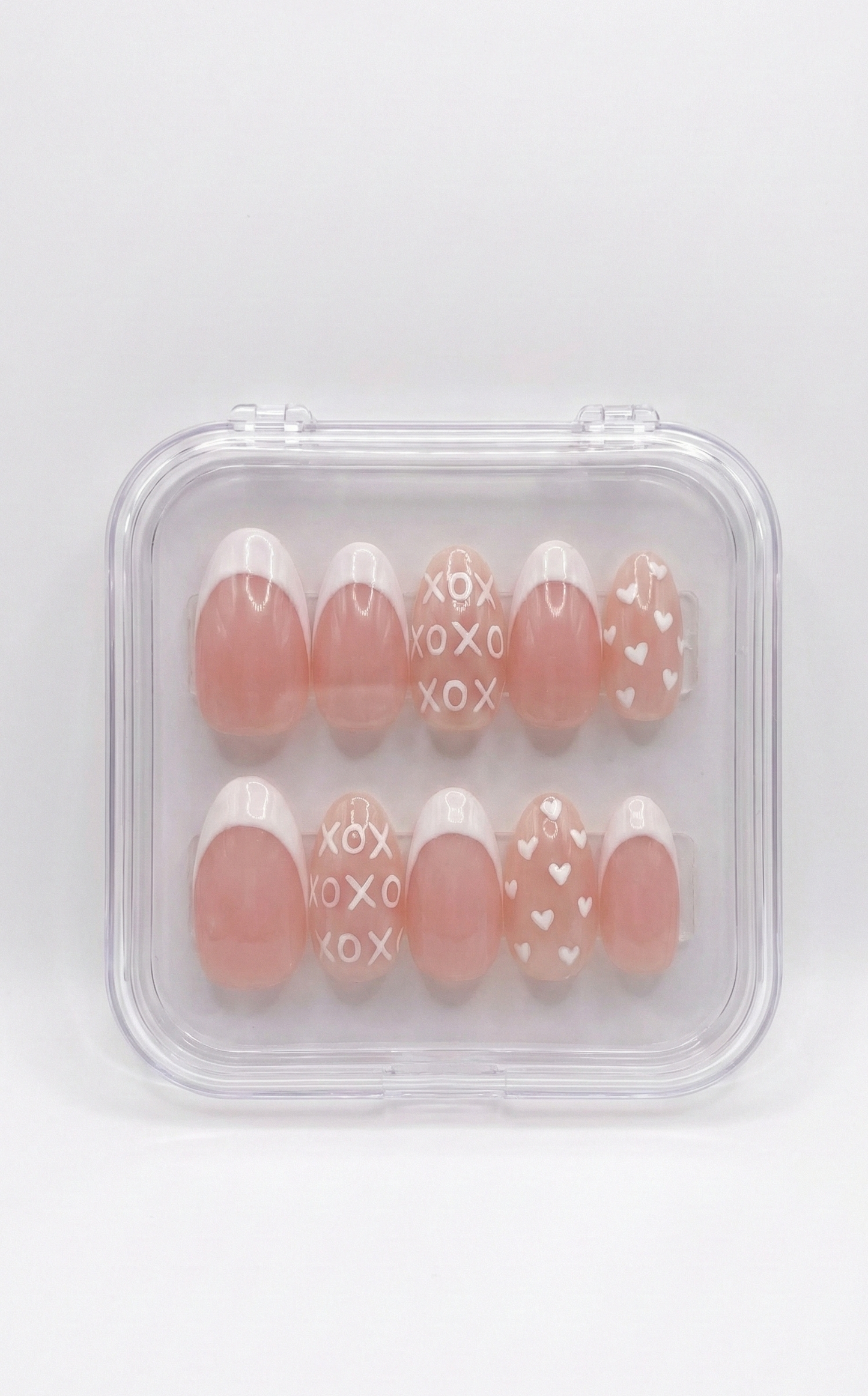 White French Tip Nails, XOXO Heart Art, Nude Almond Shape, Minimalist Valentine, Clean Girl Aesthetic, Wedding Guest, Custom Size Set - PN251268