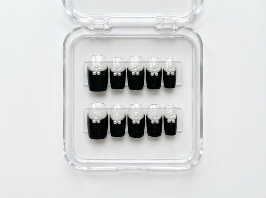 Black French Tip Pearl Flower Press On Nails - 3D Floral Charm - Classy Valentine's Day Date Night - PN251245