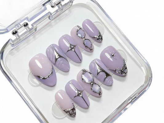 Lavender Purple Silver Chrome Press On Nails - 3D Liquid Metal  - Cyber Y2K Futuristic Art - Cool Valentine's Gift - PN251246