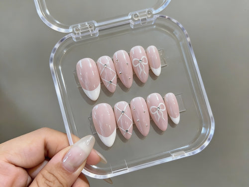 Pink Coquette Bow Press On Nails – White French Tip Ribbon - Diamond Quilted Art - Soft Valentine's Day Gel  -