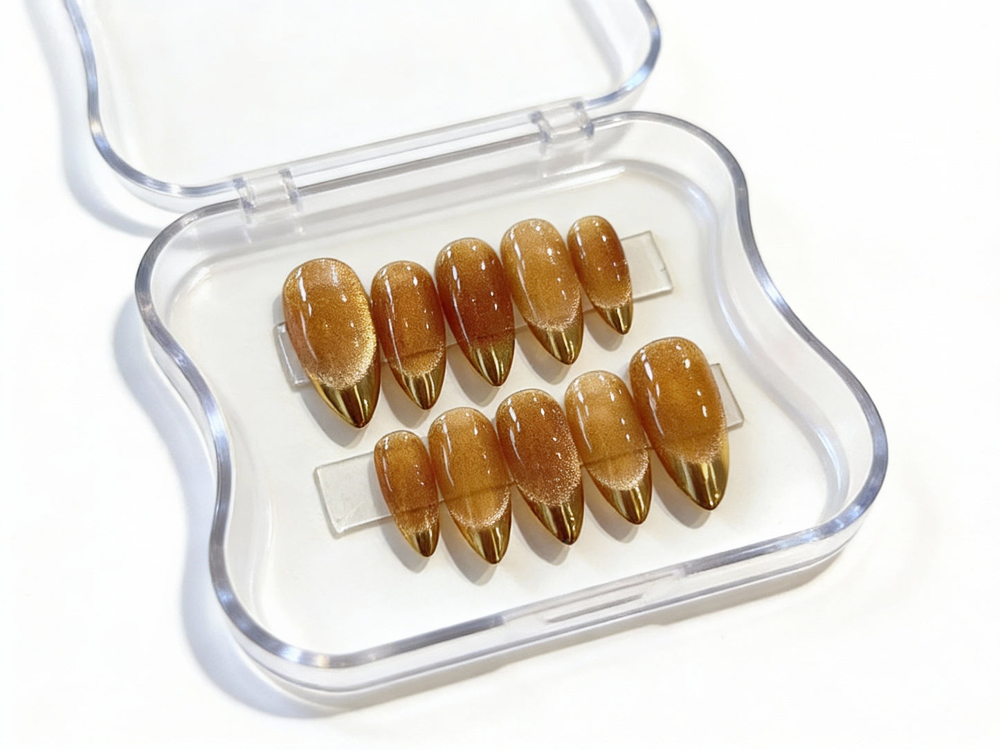 Gold Cat Eye Velvet Press On Nails - Metallic Chrome French Tip - Champagne Shimmer - Glamorous Valentine's Gel - Custom Size Set - PN251255