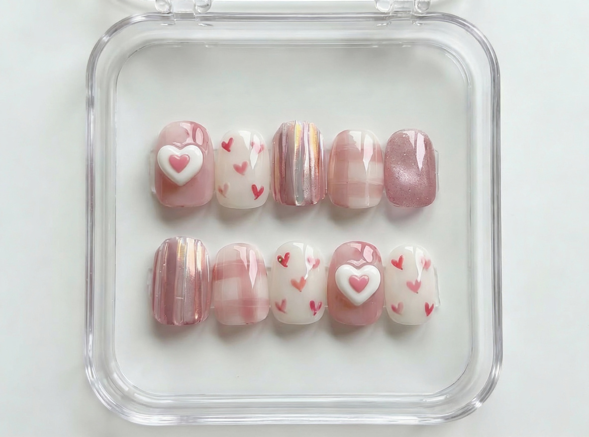 Pink Plaid Nails, 3D Heart Charm, Aurora Chrome, Gingham Art, Short Square, Soft Girl Aesthetic, Cute Valentine, Korean Style, Custom  - PN251266