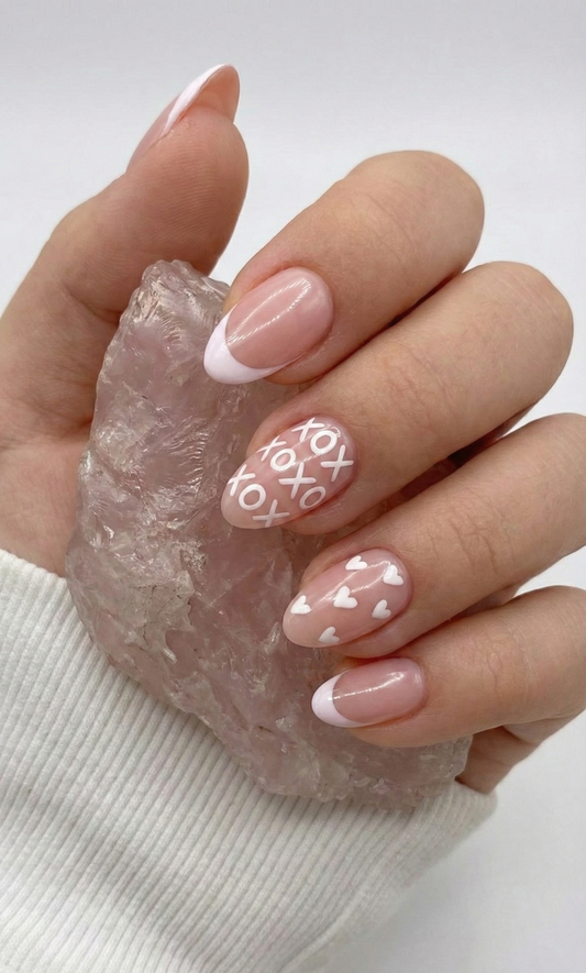 White French Tip Nails, XOXO Heart Art, Nude Almond Shape, Minimalist Valentine, Clean Girl Aesthetic, Wedding Guest, Custom Size Set - PN251268