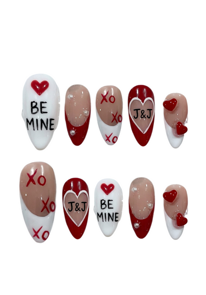 Red White French Nails, Be Mine Art, Custom Initial, 3D Heart Charm, Pearl Accent, Almond Shape, Cute Valentine Gift, Romantic Press On - PN251269