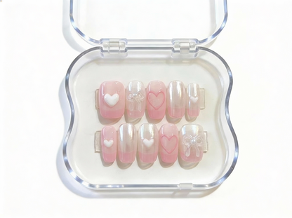 Pink Pearl Chrome Nails, 3D Bow Charm, Heart Nail Art, Coquette Aesthetic, Balletcore, Short Coffin, Cute Valentine Gift, Soft Girl Press On - PN251274
