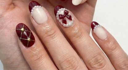 Burgundy Red Nails, Pearl Bow Charm, Quilted Heart Art, Vintage Coquette, Short Round, Old Money Aesthetic, Luxury Press On, Valentine Gift - PN251277