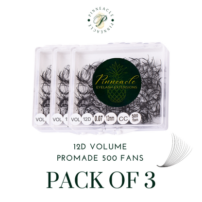 Pack of 3 - 12D Volume - 500 Fans Promade Volume Fans For Professional Eyelash Extension - Pinneacle Lash