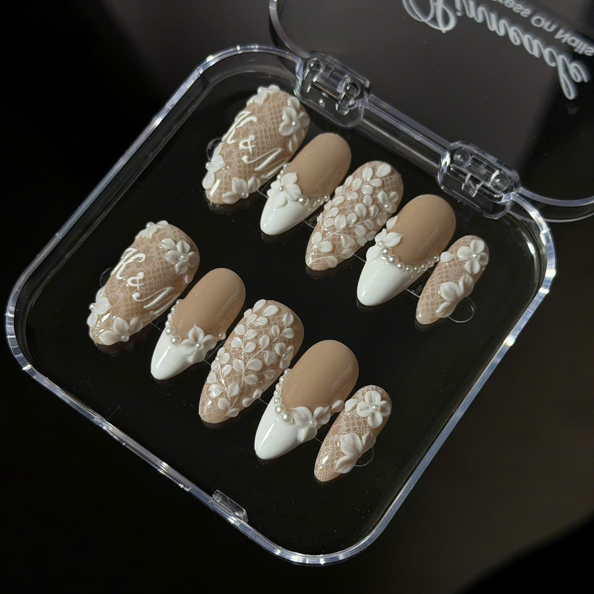 Rich Wife Nails, Bridal Monogram Press On Nails, 3D White Floral Lace Set, Pearl French Nude Wedding Reusable Soft Gel False Nails - BR260526