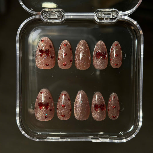 Rose Gold Cat Eye Press On Nails, 3D Red Bow, Tiny Heart Art, Pink Velvet Coquette, Handmade Reusable False Manicure, Soft Gel, Pinneacle - PN251194