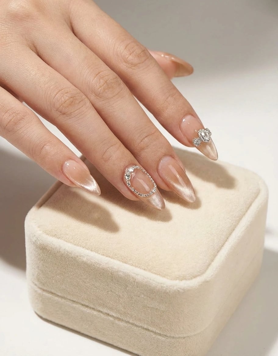 Champagne Gold Textured Press On Nails - 3D Sculpted Gold Nails with Crystals - Luxury Gel Nails - Bridal Nude Nails - Custom Size Set - PN251123