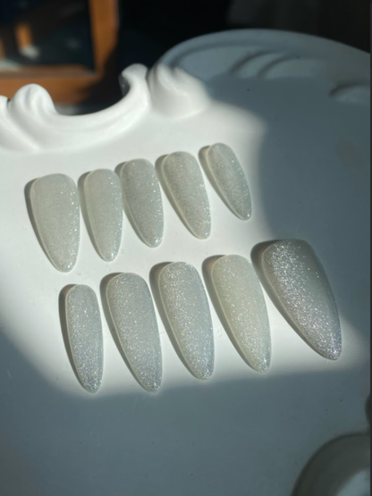 Silver Cat Eye Press On Nails - Sparkle Almond Gel Nails - Engagement Glitter Press On - Custom Size Set - PN251106