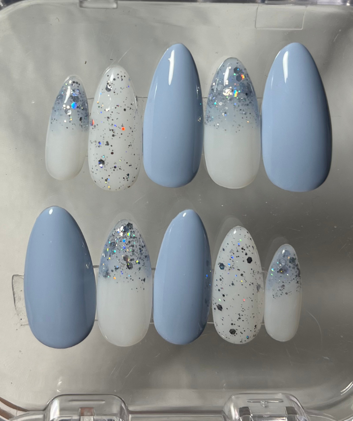 Baby Blue Press-On Nails with Glitter Accent - Soft Blue Milky White - Clean Girl Aesthetic - Custom Size Set - PN251131