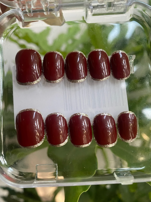 Red Burgundy with Gold Rim Press On Nails - Deep Red Gel Nails - Luxury Old Money Look - Custom Size Set - PN251110