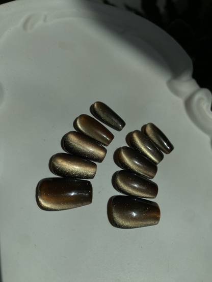 Bronze Gold Cat Eye Press On Nails - Handmade Gel Nails - Coffin Shape Metallic - Party Nigt Out Nails - Custom Size Set - NM233034
