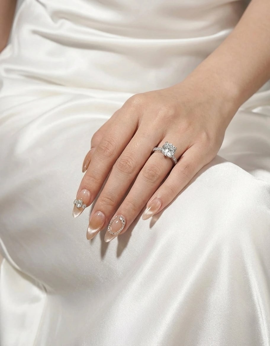 Champagne Gold Textured Press On Nails - 3D Sculpted Gold Nails with Crystals - Luxury Gel Nails - Bridal Nude Nails - Custom Size Set - PN251123