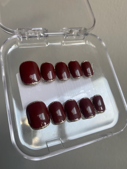 Red Burgundy with Gold Rim Press On Nails - Deep Red Gel Nails - Luxury Old Money Look - Custom Size Set - PN251110