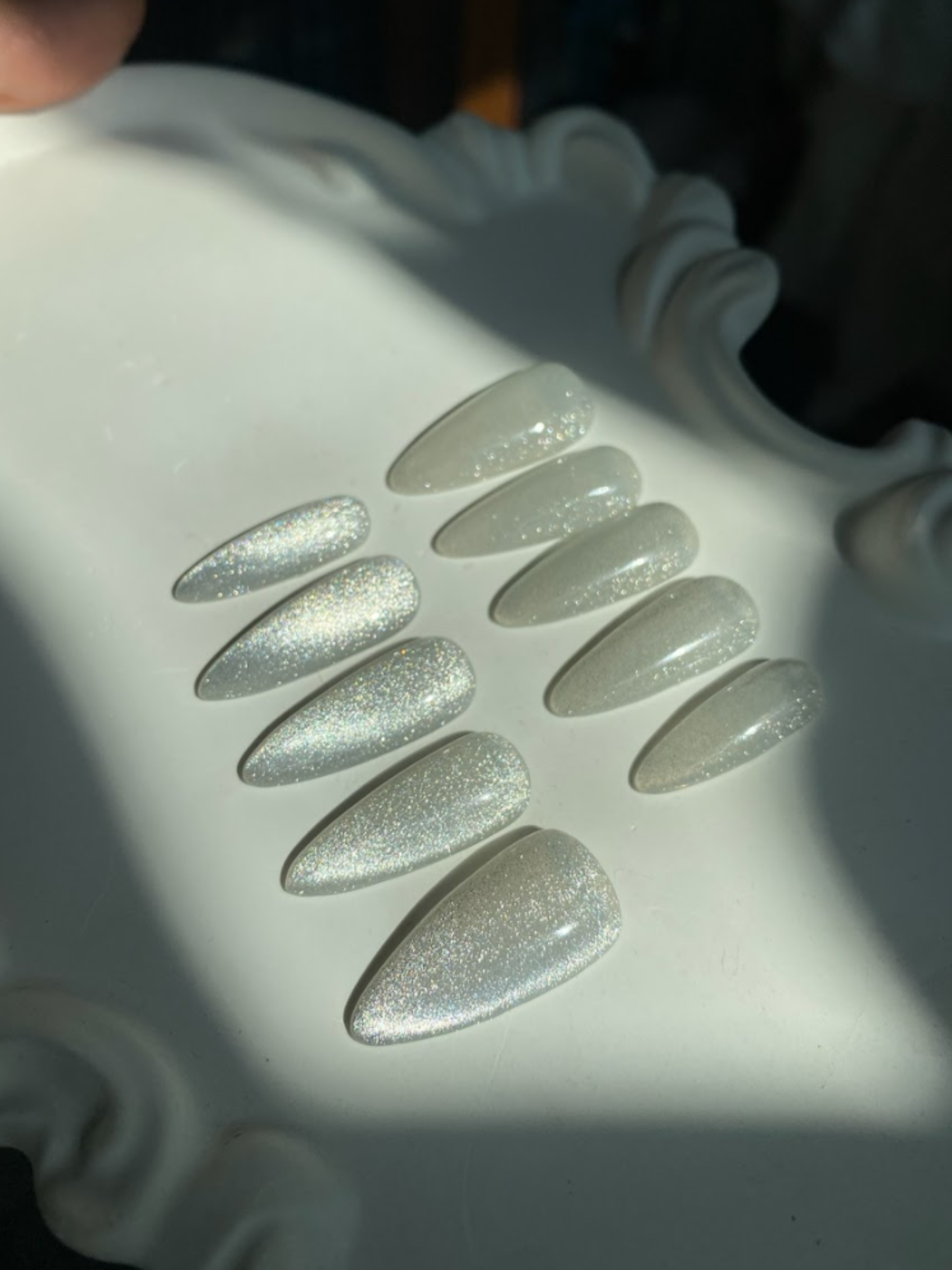 Silver Cat Eye Press On Nails - Sparkle Almond Gel Nails - Engagement Glitter Press On - Custom Size Set - PN251106