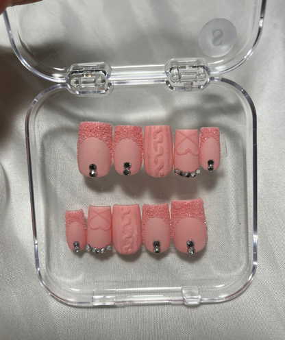Blush Pink Matte Press-On Nails - Cute Heart with Rhinestones - Valentines Nails - Wedding & Everyday Nails - Luxury Old Money Look - Custom Size Set - PN251133