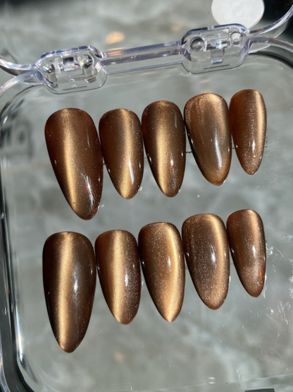 Bronze Gold Cat Eye Press On Nails - Handmade Gel Nails - Coffin Shape Metallic - Party Nigt Out Nails - Custom Size Set - NM233034