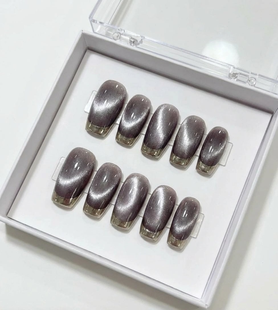 Silver Cat Eye Chrome Tip Press On Nails - Grey Metallic Gradient Nails - Luxury Reusable Gel Press Ons - Handmade Salon Quality Nail Set - Custom Size Set - NM233033