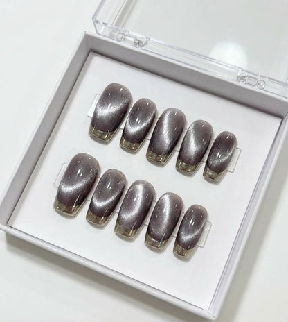 Silver Cat Eye Chrome Tip Press On Nails - Grey Metallic Gradient Nails - Luxury Reusable Gel Press Ons - Handmade Salon Quality Nail Set - Custom Size Set - NM233033