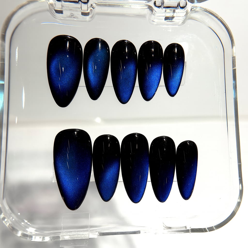 Blue Cat Eye Press On Nails - Midnight Navy Nails - Glossy Dark Blue - Clean Girl Old Money Nails - Party Night Out - Handmade Magnetic Nail Set - Custom Size Set - PN251128