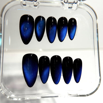 Blue Cat Eye Press On Nails - Midnight Navy Nails - Glossy Dark Blue - Clean Girl Old Money Nails - Party Night Out - Handmade Magnetic Nail Set - Custom Size Set - PN251128