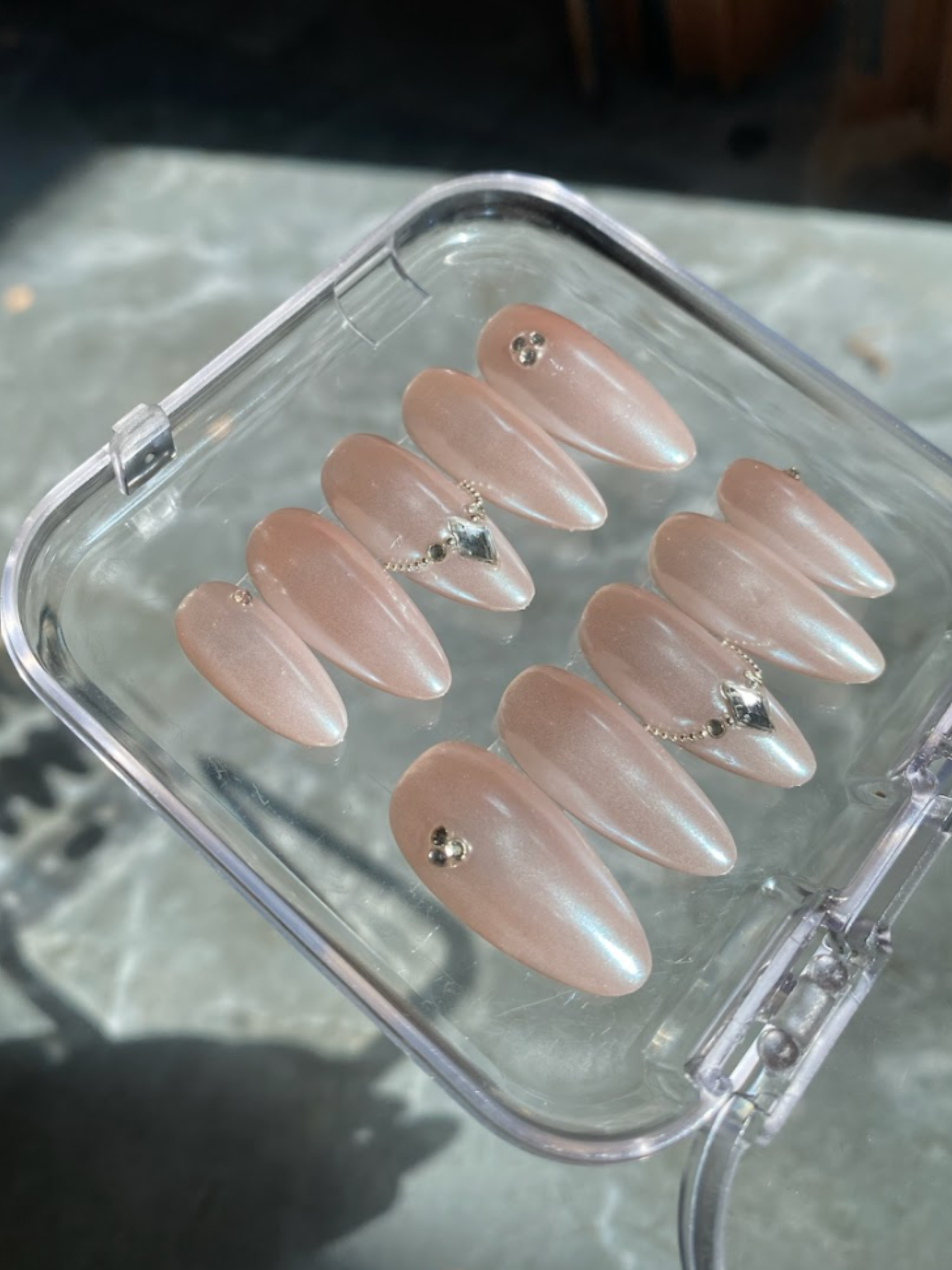 Pink Chrome Press On Nails with Stone Accents - Luxury Nail Set - Clean Girl Press On - Brial Engagement Nail Set - Custom Size Set - PN251104