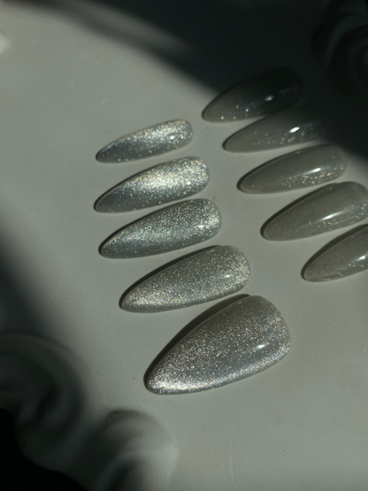 Silver Cat Eye Press On Nails - Sparkle Almond Gel Nails - Engagement Glitter Press On - Custom Size Set - PN251106