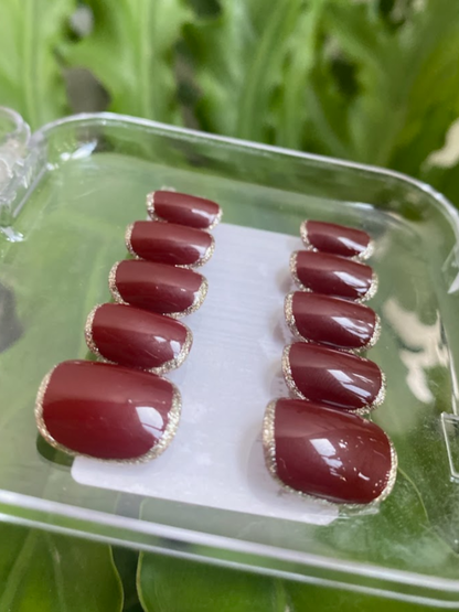 Red Burgundy with Gold Rim Press On Nails - Deep Red Gel Nails - Luxury Old Money Look - Custom Size Set - PN251110
