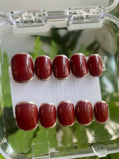 Red Burgundy with Gold Rim Press On Nails - Deep Red Gel Nails - Luxury Old Money Look - Custom Size Set - PN251110
