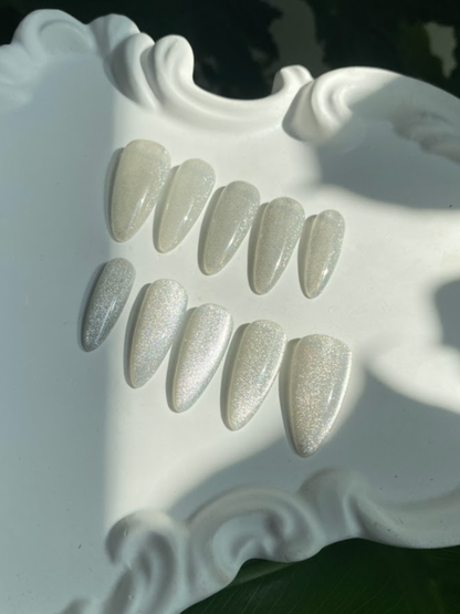Silver Cat Eye Press On Nails - Sparkle Almond Gel Nails - Engagement Glitter Press On - Custom Size Set - PN251106