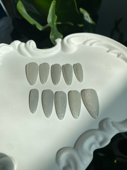 Silver Cat Eye Press On Nails - Sparkle Almond Gel Nails - Engagement Glitter Press On - Custom Size Set - PN251106