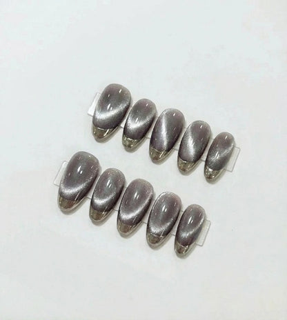 Silver Cat Eye Chrome Tip Press On Nails - Grey Metallic Gradient Nails - Luxury Reusable Gel Press Ons - Handmade Salon Quality Nail Set - Custom Size Set - NM233033