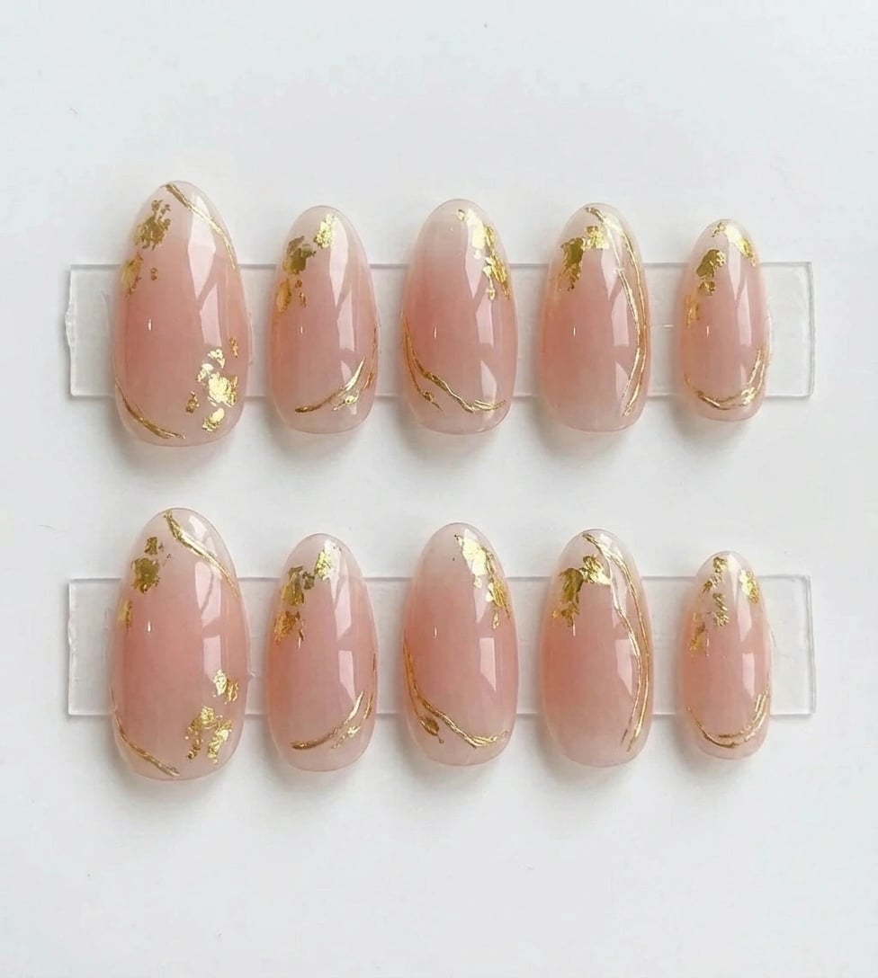 Blush Pink Press On Nails with Gold Foil - Nude Marble Glossy Nails - Elegant Wedding Press On Set - Custom Size Set - NM233032