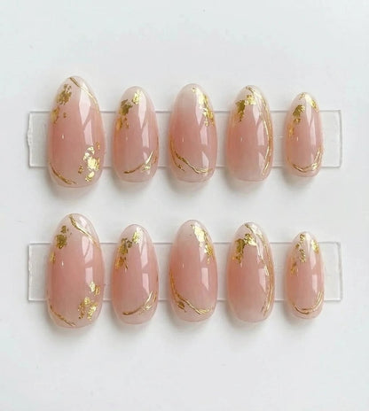 Blush Pink Press On Nails with Gold Foil - Nude Marble Glossy Nails - Elegant Wedding Press On Set - Custom Size Set - NM233032