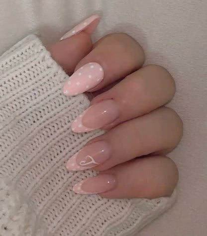 Baby Pink Polka Dot French Tip Press On Nails - Coquette Girl - White Spot Pattern - Old Money Vibe - Custom Size Set - PN251238