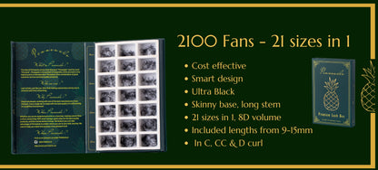 Volume 2100 Fans | 21 sizes in 1 | 8D volume | 7 lengths from 9-15mm |  3 curls : C, CC & D |