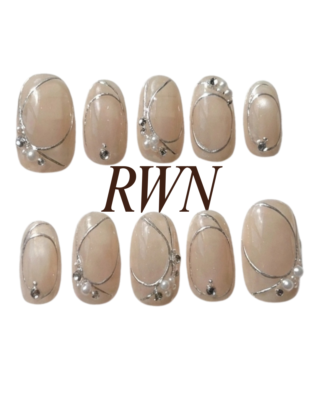 Nude Silver Line Press On Nails with Pearls - Luxury Brial Wedding Nude Nail - Minimalist Elegant Press Ons - Handmade Reusable Custom Size  - PN251122