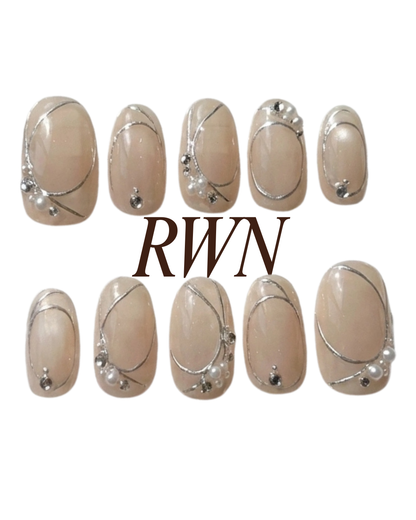Nude Silver Line Press On Nails with Pearls - Luxury Brial Wedding Nude Nail - Minimalist Elegant Press Ons - Handmade Reusable Custom Size  - PN251122