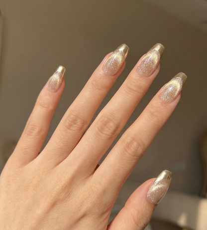 Gold Chrome French Tip Press On Nails - Champagne Velvet Cat Eye -  Golden Hour Wedding Guest - Custom Size Set - PN251114