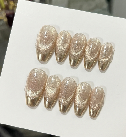 Gold Chrome French Tip Press On Nails - Champagne Velvet Cat Eye -  Golden Hour Wedding Guest - Custom Size Set - PN251114