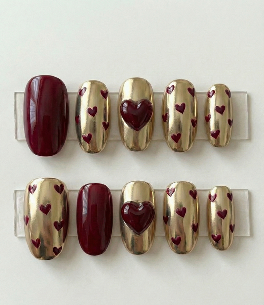 Gold Chrome Red Heart Press On Nails - 3D Puffy Burgundy Charm - Deep Wine Micro Hearts - Royal Lovecore Art - Custom Size Set - PN251225