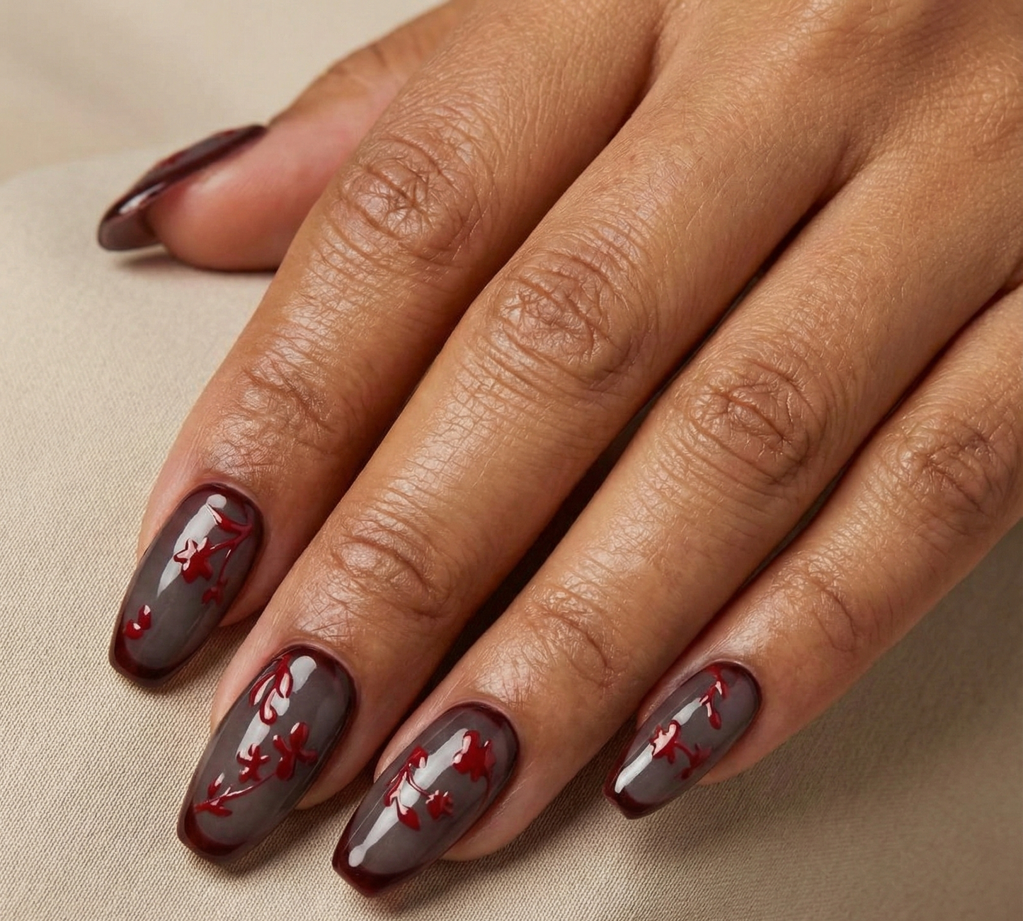Wine Red 3D Flora - Smoky Black Jelly Base - Valentine Art - Gothic Vampire Aesthetic - Dark Feminine Textured Gel - Custom Size Set - PN251213