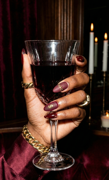 Dark Red 444 Angel Number Press On Nails - Gold Bow Ribbon Charm -  Matte & Glossy Burgundy Wine - Spiritual Manifestation - Custom Size Set - PN251216