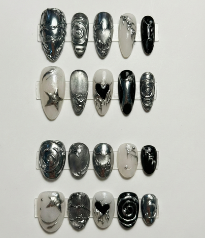 Couple Matching Press On Nails - Black & Silver Chrome Heart - Cyber Sigilism Liquid Metal - His and Hers Y2K Grunge - Boyfriend Gift Set - Custom Size Set - PN251189