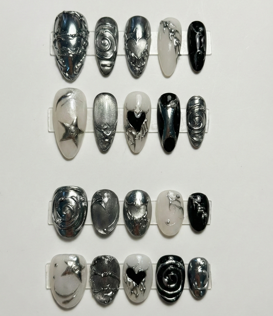 Couple Matching Press On Nails - Black & Silver Chrome Heart - Cyber Sigilism Liquid Metal - His and Hers Y2K Grunge - Boyfriend Gift Set - Custom Size Set - PN251189
