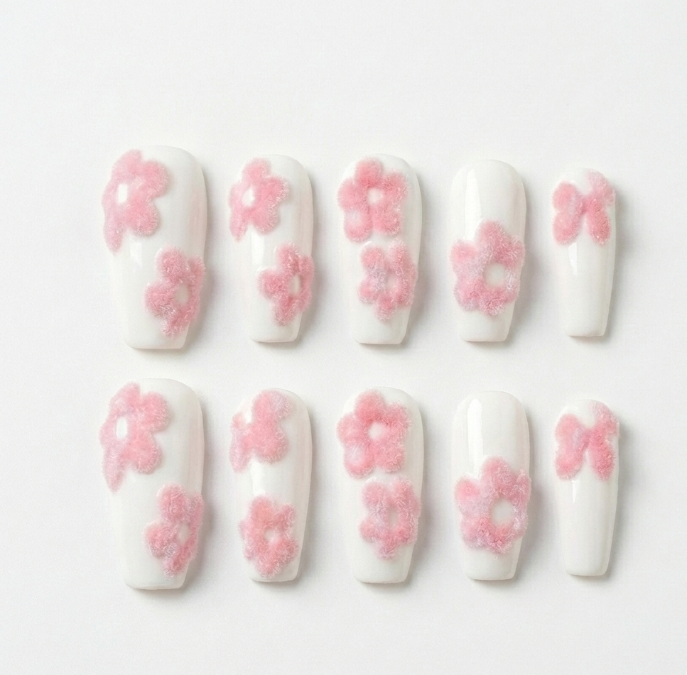 3D Navy Blue Flower Press On Nails - White Pearl Chrome - Porcelain Pottery Art - Summer Mediterranean Gel - Custom Size Set - PN251177