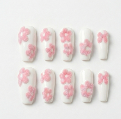 3D Navy Blue Flower Press On Nails - White Pearl Chrome - Porcelain Pottery Art - Summer Mediterranean Gel - Custom Size Set - PN251177